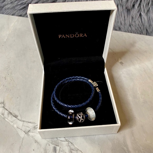 Pandora Jewelry - Pandora Navy leather bracelet with 3 charms
